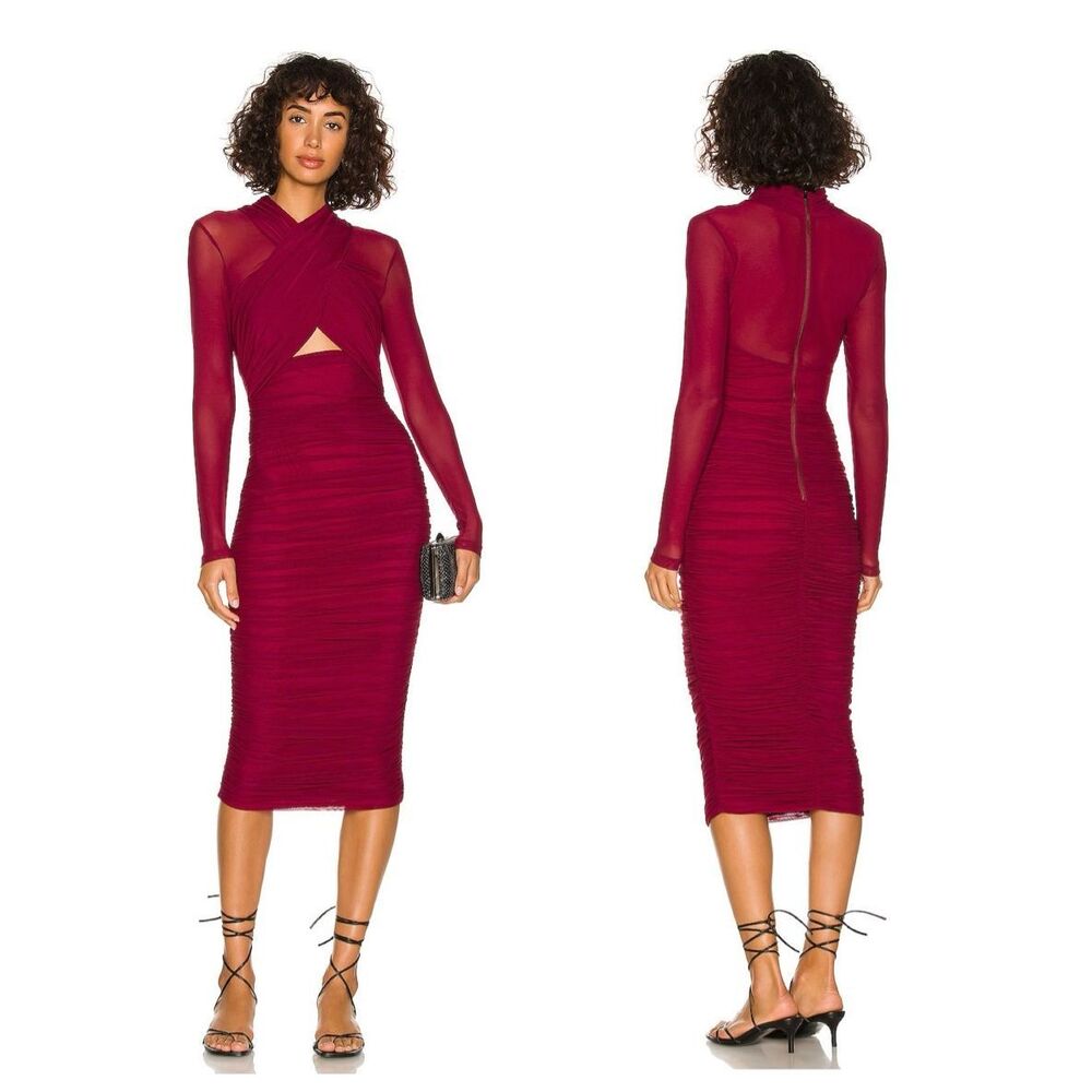 Bardot Burgundy Mesh Long-Sleeve Midi Dress